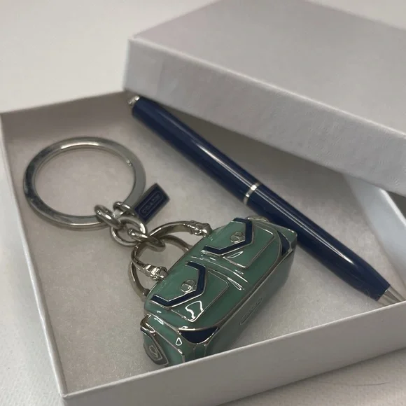 Coach Teal and Navy Enamel Bag Keychain and Black Vintage Coach Pen - Picture 7 of 7
